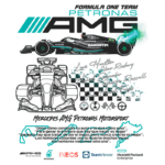 Imagem do carro da equipe Mercedes AMG Petronas de Fórmula 1, destacando pilotos icônicos como Lewis Hamilton, Nico Rosberg, Michael Schumacher, George Russell e Juan Manuel Fangio. O design inclui logotipos de patrocinadores e citações inspiradoras sobre automobilismo.
