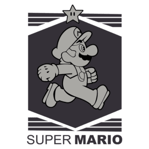 Imagem do personagem Mario do jogo Super Mario, correndo com um sorriso, usando seu chapéu característico e macacão. O fundo apresenta uma estrela e o texto "SUPER MARIO" em destaque.