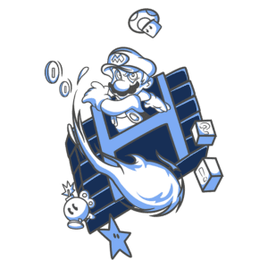 Imagem estilizada de um personagem de videogame, com um fundo azul, mostrando um mascote que se parece com um encanador famoso. Ele está saindo de um bloco, cercado por moedas, um cogumelo e caixas com ícones de interrogação, além de um fantasma e uma estrela. Ideal para fãs de jogos clássicos.