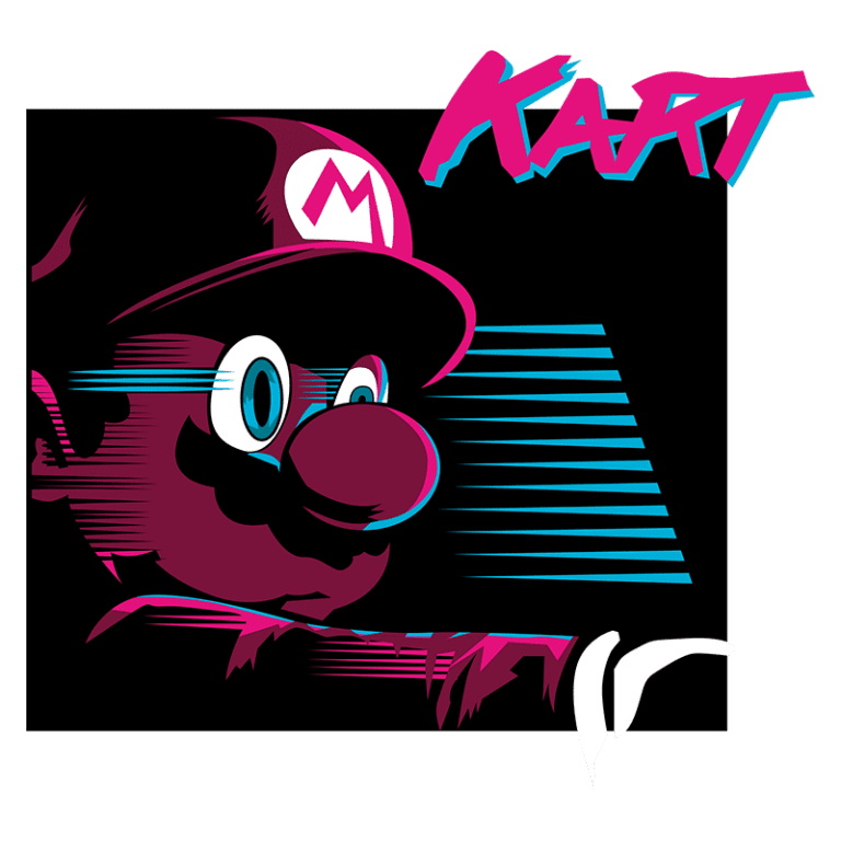 Ilustração estilizada do personagem Mario, famoso dos videogames, com um design retro em tons vibrantes de rosa e azul. Ao fundo, a palavra "KART" aparece em destaque, remetendo ao jogo Mario Kart.