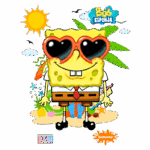 Bob Esponja, personagem icônico da Nickelodeon, usando óculos escuros em cenário de praia, com sol, palmeiras e itens de verão ao fundo.