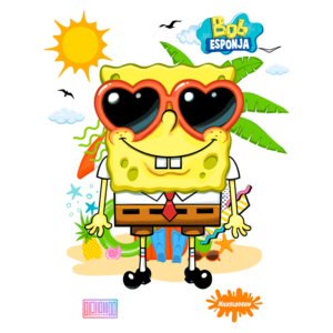 Bob Esponja, personagem icônico da Nickelodeon, usando óculos escuros em cenário de praia, com sol, palmeiras e itens de verão ao fundo.