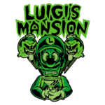 Imagem estilizada de Luigi segurando um troféu em Luigi's Mansion, com fantasmas caricaturais atrás dele. O design apresenta um esquema de cores verdes e um efeito de terror cômico, ideal para fãs de jogos da franquia Nintendo.