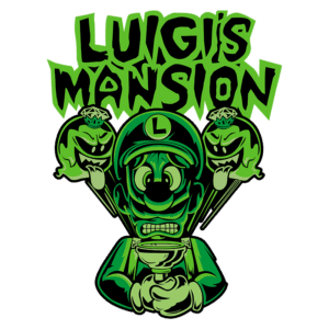 Imagem estilizada de Luigi segurando um troféu em Luigi's Mansion, com fantasmas caricaturais atrás dele. O design apresenta um esquema de cores verdes e um efeito de terror cômico, ideal para fãs de jogos da franquia Nintendo.