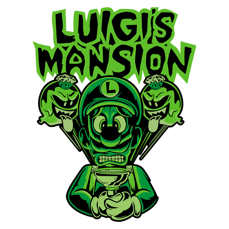 Imagem estilizada de Luigi segurando um troféu em Luigi's Mansion, com fantasmas caricaturais atrás dele. O design apresenta um esquema de cores verdes e um efeito de terror cômico, ideal para fãs de jogos da franquia Nintendo.