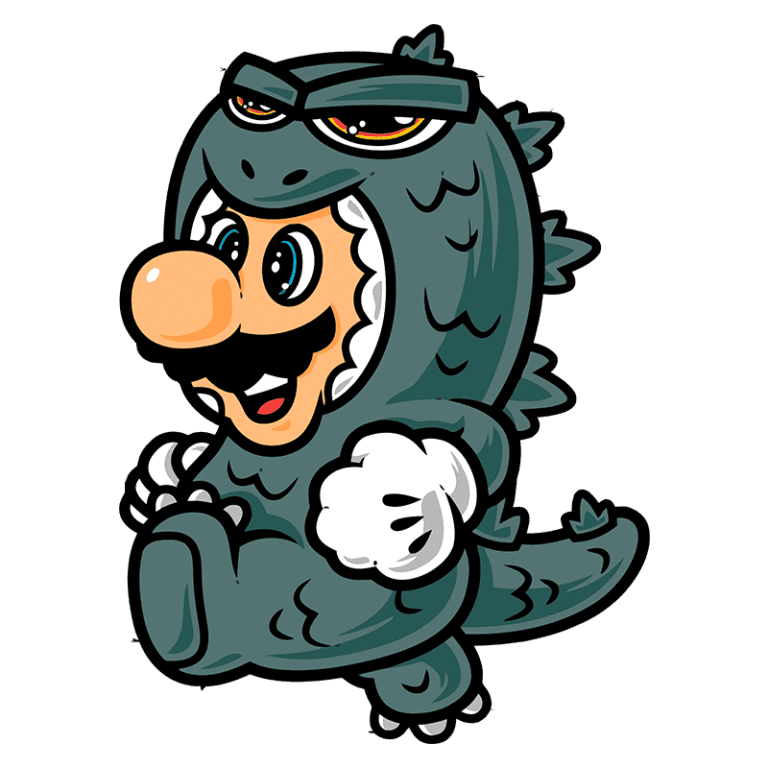 Personagem de desenho animado com um traje de Godzilla, representando um famoso encanador. Ele sorri e caminha, destacando o contraste entre seu rosto humano e o uniforme de monstro.