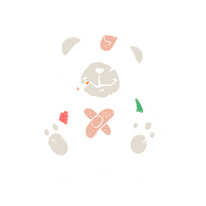 Ilustração de um urso de pelúcia com curativos e um cigarro na boca, acompanhada da mensagem "SAVE the WORLD" e "please fix your own problems". O design é uma crítica social e enfatiza a ideia de responsabilidade individual.