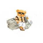 Urso estilizado com óculos escuros e roupas de designer, sentado sobre pilhas de dinheiro, com as palavras "RICH FREAKING RICH" ao fundo. Ideal para produtos relacionados a moda ou estilo de vida luxuoso.
