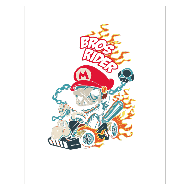 Imagem de um personagem estilo esqueleto dirigindo um kart, usando um chapéu vermelho com a letra "M". O design é enfeitado com chamas e elementos relacionados a corridas, com a frase "Bros Rider" exibida em letras vibrantes. Ideal para fãs de jogos de corrida e cultura pop.
