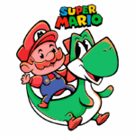 Mario e Yoshi, personagens icônicos do jogo Super Mario, em uma ilustração colorida. Mario está sorrindo e montado em Yoshi, que é um dinossauro verde. O logo "Super Mario" aparece no topo da imagem, destacando a popularidade da franquia de videogames.