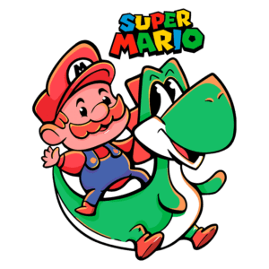 Mario e Yoshi, personagens icônicos do jogo Super Mario, em uma ilustração colorida. Mario está sorrindo e montado em Yoshi, que é um dinossauro verde. O logo "Super Mario" aparece no topo da imagem, destacando a popularidade da franquia de videogames.