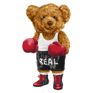 Urso de pelúcia boxeador, usando luvas vermelhas, camiseta branca e calças pretas com a palavra "REAL". Ideal para temas de esportes e diversão.