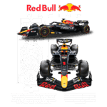 Carro de Fórmula 1 da Red Bull Racing com design aerodinâmico, mostrando detalhes técnicos e logotipos de patrocinadores, destacando inovações em desempenho e eficiência.
