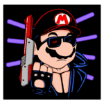 Ilustração de um personagem inspirado em um encanador famoso, vestido com uma jaqueta de couro e óculos escuros, segurando uma arma. O fundo é decorado com linhas roxas, criando um efeito dinâmico.