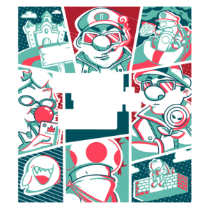 Ilustração de "Mário Theft Auto" com personagens icônicos do universo Nintendo, incluindo Mario, Luigi, Princesa Peach e Toad. O design é colorido, apresentando elementos de jogabilidade e referências cômicas, com um toque de estilo retrô. Ideal para fãs de jogos e cultura pop.
