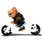 Ursinho estiloso usando óculos escuros e jaqueta de couro, montado em uma moto, com a palavra "Ride" em fundo branco. Ideal para temas de aventura e estilo urbano.