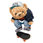 Urso skatista com roupa streetwear, realizando manobra sobre um skate, usando boné e tênis, em fundo verde. Ideal para temas relacionados a moda jovem e cultura urbana.