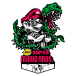 Ilustração do personagem Mario, com óculos de sol, posando confiante em meio a plantas espinhosas e uma planta carnívora, promovendo o jogo "New Super Mario Bros." com um fundo colorido.