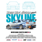 Imagem do carro Nissan Skyline R34, com design em azul e detalhes de marca, acompanhado do texto referente a Brian Earl Spillner. O fundo apresenta elementos estilizados que destacam a estética do veículo e citações emocionais sobre a conexão entre irmãos e a vida nas ruas.