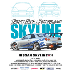 Imagem do carro Nissan Skyline R34, com design em azul e detalhes de marca, acompanhado do texto referente a Brian Earl Spillner. O fundo apresenta elementos estilizados que destacam a estética do veículo e citações emocionais sobre a conexão entre irmãos e a vida nas ruas.