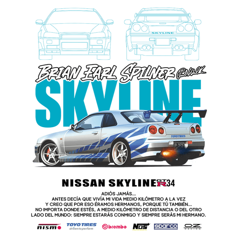 Imagem do carro Nissan Skyline R34, com design em azul e detalhes de marca, acompanhado do texto referente a Brian Earl Spillner. O fundo apresenta elementos estilizados que destacam a estética do veículo e citações emocionais sobre a conexão entre irmãos e a vida nas ruas.