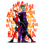 Ilustração do Coringa e Arlequina em estilo quadrinhos, com a Arlequina segurando uma arma e usando um traje vermelho e preto, enquanto o Coringa, vestindo um terno roxo, exibe um sorriso maligno. Ao fundo, diversas repetições da palavra "HA" em cores vibrantes.