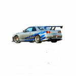 Imagem do Nissan GTR Skyline, destacando seu design icônico e detalhes técnicos. O carro apresenta uma pintura prateada com detalhes em azul, um aerofólio traseiro e rodas esportivas. Ao fundo, esboços técnicos do modelo, enfatizando suas características estilísticas.