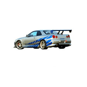 Imagem do Nissan GTR Skyline, destacando seu design icônico e detalhes técnicos. O carro apresenta uma pintura prateada com detalhes em azul, um aerofólio traseiro e rodas esportivas. Ao fundo, esboços técnicos do modelo, enfatizando suas características estilísticas.