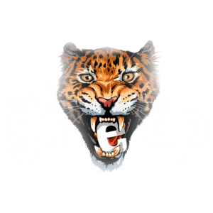 Cabeça de tigre estilizada com dentes à mostra, destacando a letra "e" em seu interior, representando força e ferocidade em um design gráfico vibrante.
