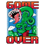 Ilustração colorida de um personagem de videogame, com uma planta carnívora ameaçadora e a frase "GAME OVER". O fundo apresenta nuvens e cactos em um cenário de estilo pixelado, evocando nostalgia dos jogos clássicos.