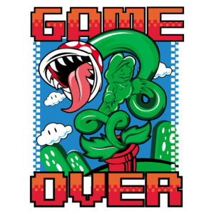 Ilustração colorida de um personagem de videogame, com uma planta carnívora ameaçadora e a frase "GAME OVER". O fundo apresenta nuvens e cactos em um cenário de estilo pixelado, evocando nostalgia dos jogos clássicos.