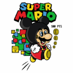 Ilustração de personagem inspirado em Mario com boné de Mickey Mouse, saltando sobre blocos coloridos com pontos de interrogação e moedas. Texto "Super Mario" em destaque, com a pontuação de 100 pontos.