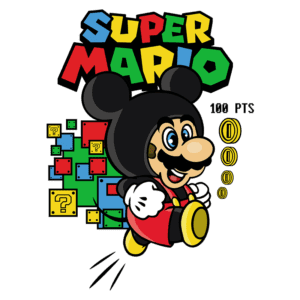 Ilustração de personagem inspirado em Mario com boné de Mickey Mouse, saltando sobre blocos coloridos com pontos de interrogação e moedas. Texto "Super Mario" em destaque, com a pontuação de 100 pontos.