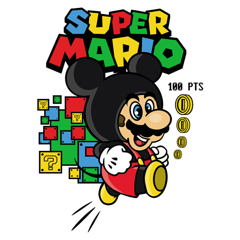 Ilustração de personagem inspirado em Mario com boné de Mickey Mouse, saltando sobre blocos coloridos com pontos de interrogação e moedas. Texto "Super Mario" em destaque, com a pontuação de 100 pontos.
