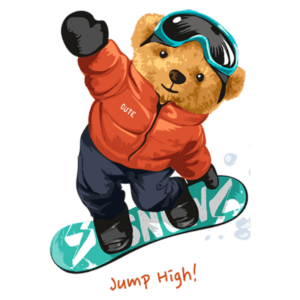 Urso fofo praticando snowboard, usando um casaco laranja e óculos de proteção, enquanto salta na neve, com a frase "Jump High!" destacada abaixo. Ideal para temas de esportes de inverno e animações infantis.