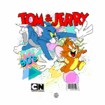 Capa do desenho animado "Tom & Jerry" dos anos 90, apresentando os personagens principais, Tom, o gato azul, e Jerry, o rato marrom, em uma cena divertida com elementos gráficos coloridos ao fundo.