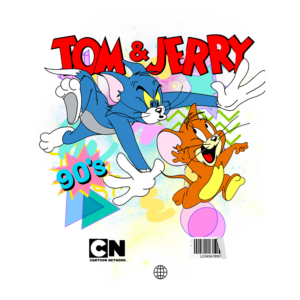 Capa do desenho animado "Tom & Jerry" dos anos 90, apresentando os personagens principais, Tom, o gato azul, e Jerry, o rato marrom, em uma cena divertida com elementos gráficos coloridos ao fundo.