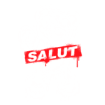Ilustração de um desenho estilizado de um urso de pelúcia, com detalhes em branco e fundo verde, exibindo a palavra "SALUT" em vermelho. O urso tem olhos com cruzes e um sorriso, apresentando um estilo urbano e moderno. Ideal para produtos de streetwear e arte contemporânea.