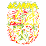 Ilustração vibrante do jogo "The Legend of Zelda: Ocarina of Time", apresentando Link enfrentando um inimigo ameaçador com espadas, rodeado por elementos místicos e explosivos em tons de verde e vermelho.