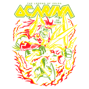 Ilustração vibrante do jogo "The Legend of Zelda: Ocarina of Time", apresentando Link enfrentando um inimigo ameaçador com espadas, rodeado por elementos místicos e explosivos em tons de verde e vermelho.