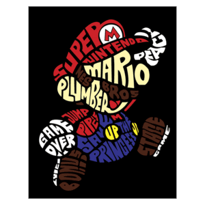Imagem estilizada do personagem Mario da Nintendo, formada por palavras relacionadas ao jogo, como "Super Mario," "plumber," "jump," "game over," e "princess." Fundo preto destaca as letras coloridas, representando a cultura dos videogames. Ideal para fãs de jogos clássicos.