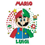 Imagem ilustrativa de Mario e Luigi, personagens icônicos dos videogames, divididos ao meio. Mario, à esquerda, veste vermelho e azul, enquanto Luigi, à direita, usa verde e azul. Ao redor, estrelas, moedas e plantas representam os elementos do jogo. Ideal para fãs de jogos clássicos.