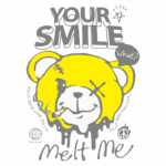 Desenho de um urso amarelo com expressão divertida, segurando um cigarro, acompanhado de frases como "YOUR SMILE" e "Melt Me", com um estilo gráfico moderno e colorido. Ideal para produtos que promovem uma mensagem de descontração e positividade.