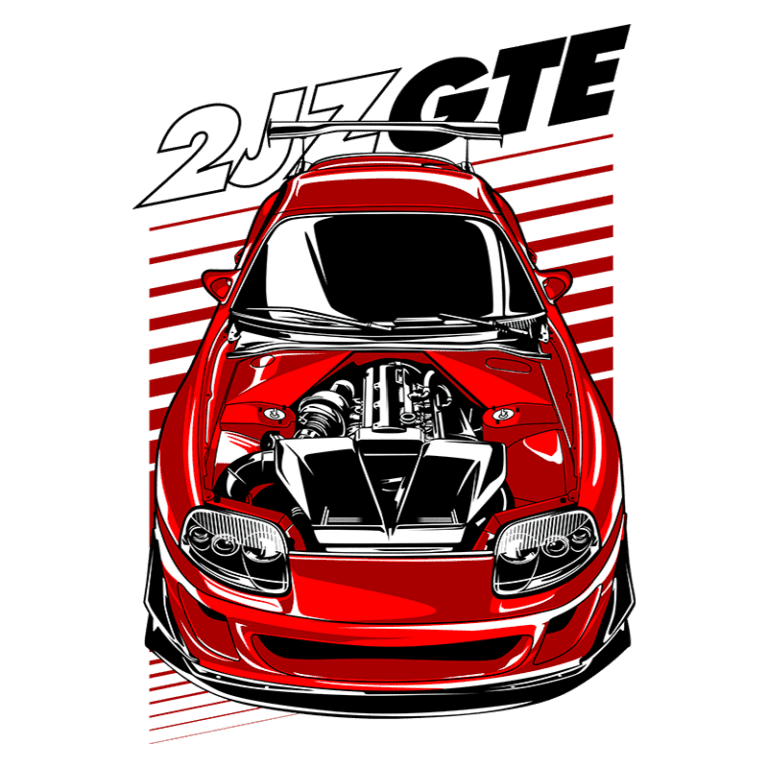 Ilustração de um carro esportivo vermelho com o motor 2JZ-GTE exposto, destacando seu design aerodinâmico e detalhes de engenharia. Fundo com linhas dinâmicas que ressaltam a velocidade e potência do veículo.