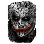 Ilustração artística do Coringa, composta por palavras de suas falas icônicas, demonstrando sua personalidade complexa e caótica. A imagem destaca sua maquiagem característica e expressão marcante, simbolizando a dualidade entre a loucura e a genialidade.