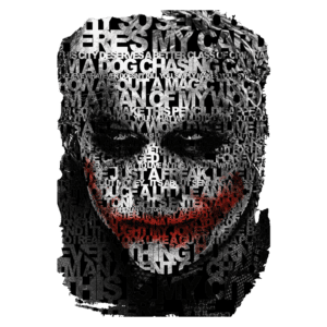 Ilustração artística do Coringa, composta por palavras de suas falas icônicas, demonstrando sua personalidade complexa e caótica. A imagem destaca sua maquiagem característica e expressão marcante, simbolizando a dualidade entre a loucura e a genialidade.