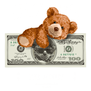 Urso de pelúcia sobre uma nota de cem dólares, com a frase "SHOW ME THE MONEY" e "BILLIONAIRE CLUB" em destaque. Ideal para temas de riqueza e sucesso.