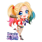 Ilustração de personagem caricaturado com inspiração na Harley Quinn, do filme "Esquadrão Suicida", com cabelo colorido, roupa chamativa, e segurando um bastão, exibindo um visual divertido e ousado.
