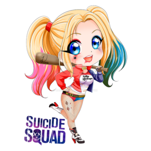 Ilustração de personagem caricaturado com inspiração na Harley Quinn, do filme "Esquadrão Suicida", com cabelo colorido, roupa chamativa, e segurando um bastão, exibindo um visual divertido e ousado.