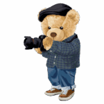 Urso de pelúcia segurando uma câmera fotográfica, vestindo uma camisa xadrez e boné, representando um fotógrafo divertido e amigável.